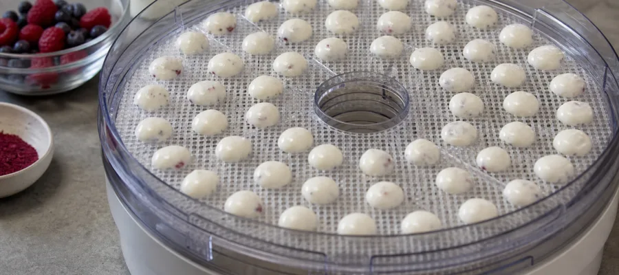 Joghurtdrops im Doerrautomat – cremige Snackbaellchen trocknen