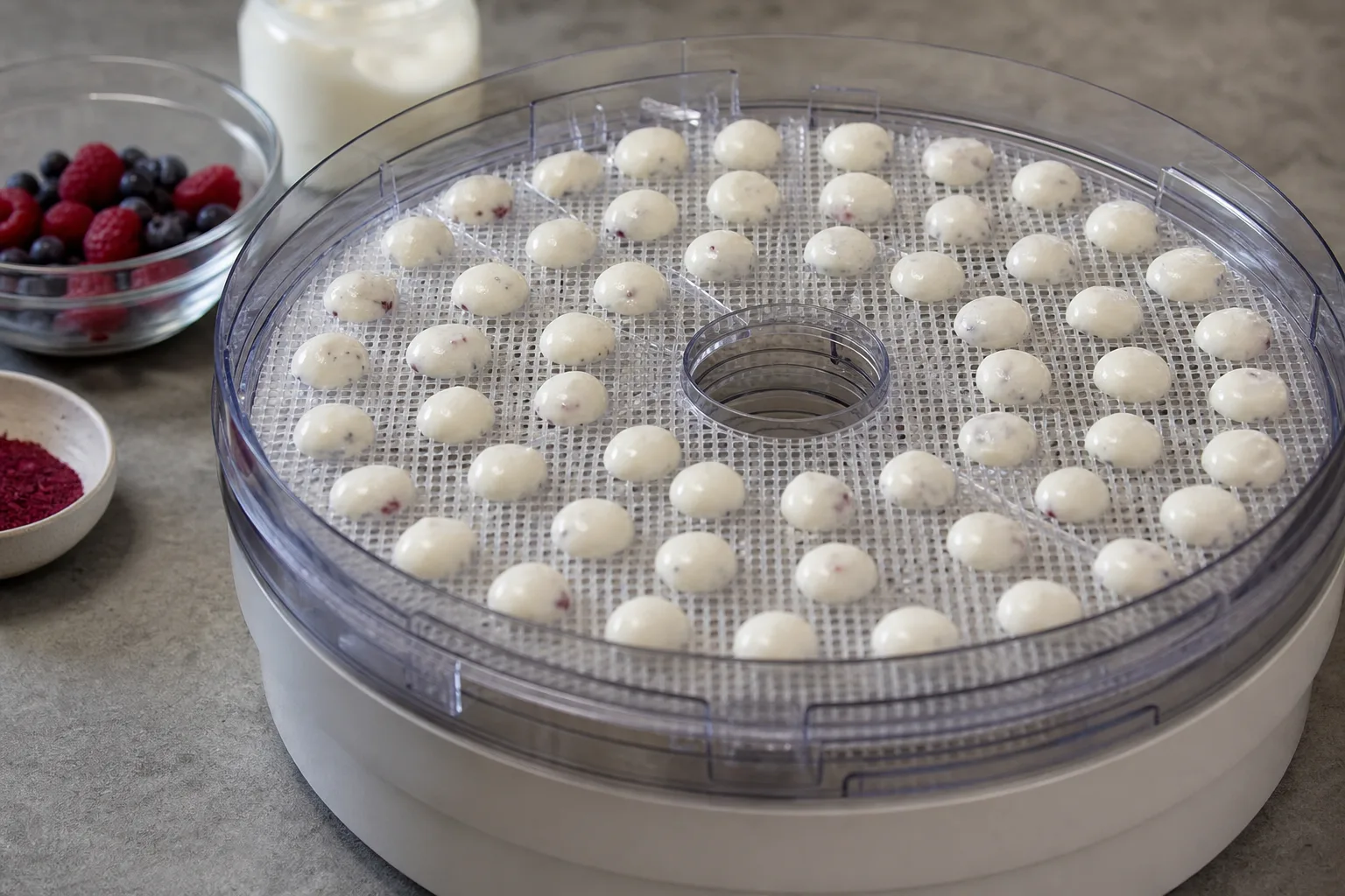 Joghurtdrops im Doerrautomat – cremige Snackbaellchen trocknen